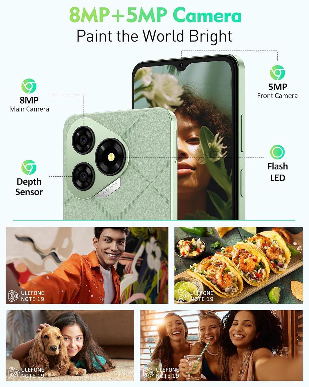 Ulefone Note 19 Handy Android 14, 6GB RAM+64GB ROM/SD-512GB, 6.56" HD+ Octa Core, 5000mAh Akku, 8MP+