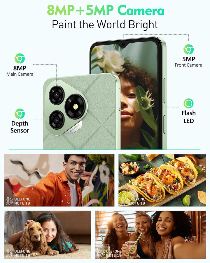 Ulefone Note 19 Handy Android 14, 6GB RAM+64GB ROM/SD-512GB, 6.56" HD+ Octa Core, 5000mAh Akku, 8MP+