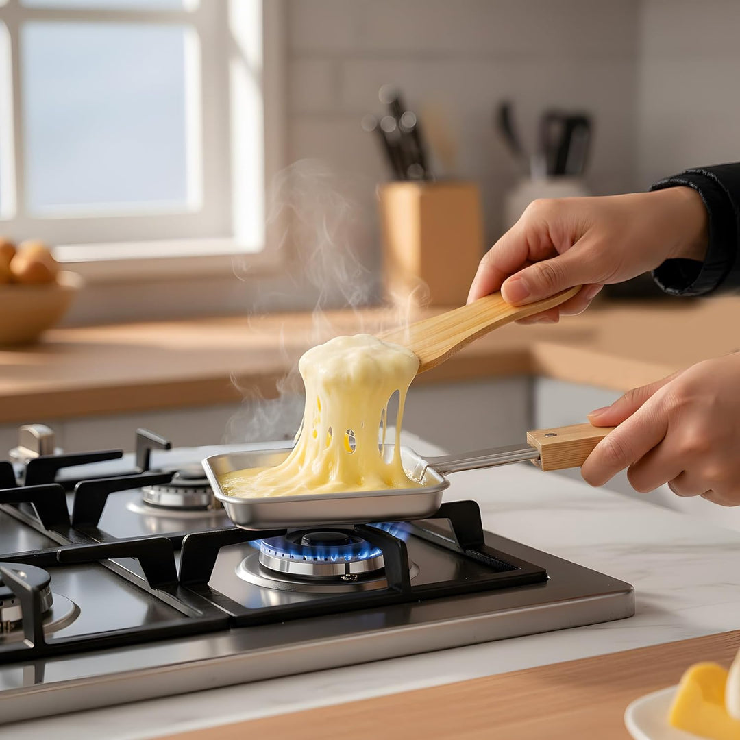 8er Set Edelstahl Raclette Pfännchen Quadratisch mit Extra Langem Griff und Bambusgriff, 8 Bambus Sp