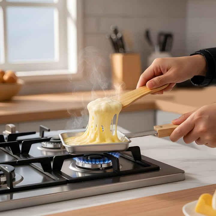 8er Set Edelstahl Raclette Pfännchen Quadratisch mit Extra Langem Griff und Bambusgriff, 8 Bambus Sp