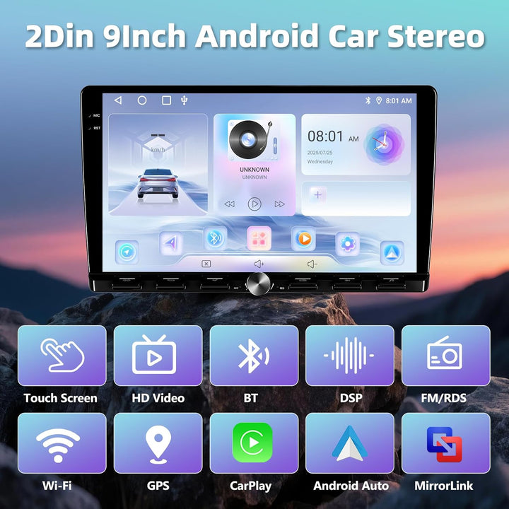 2GB+64GB 2 Din Autoradio mit Kabellosem Carplay Android Auto, 9 Zoll Touchscreen Bluetooth Car Stere