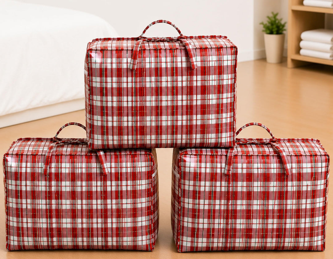 PLASTIKTASCHE Camping Jumbo Unterbettkommode Wäschetasche Aufbewahrungs Tasche kariert Reissverschlu