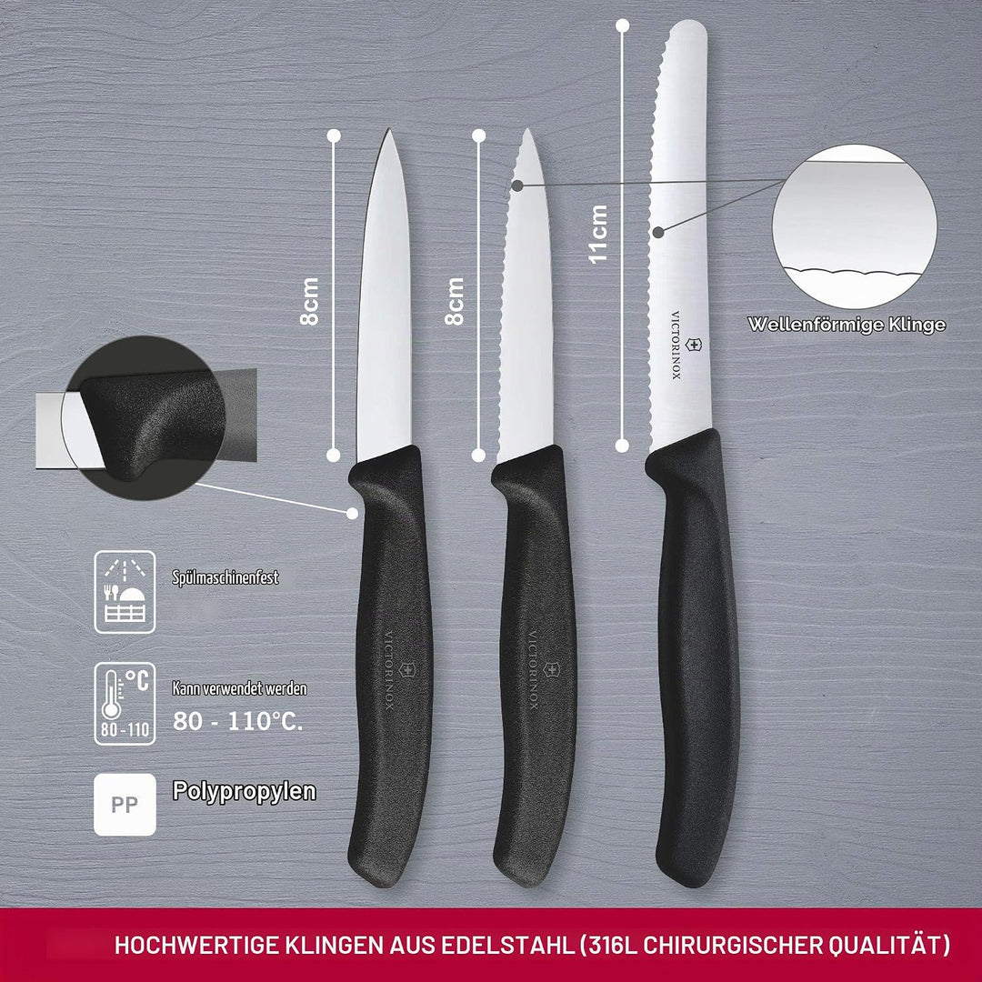 Victorinox Swiss Classic, Küchenmesser Set, 3teilig, Gemüse-, Tomaten- und Frühstücksmesser, Robuste