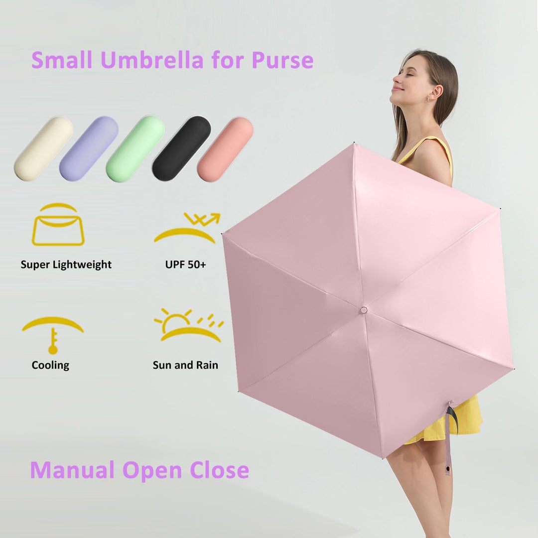 BAODINI Reise-Mini-Regenschirm für Geldbörse mit Etui, kleiner, kompakter UV-Regenschirm, Sonnenlich