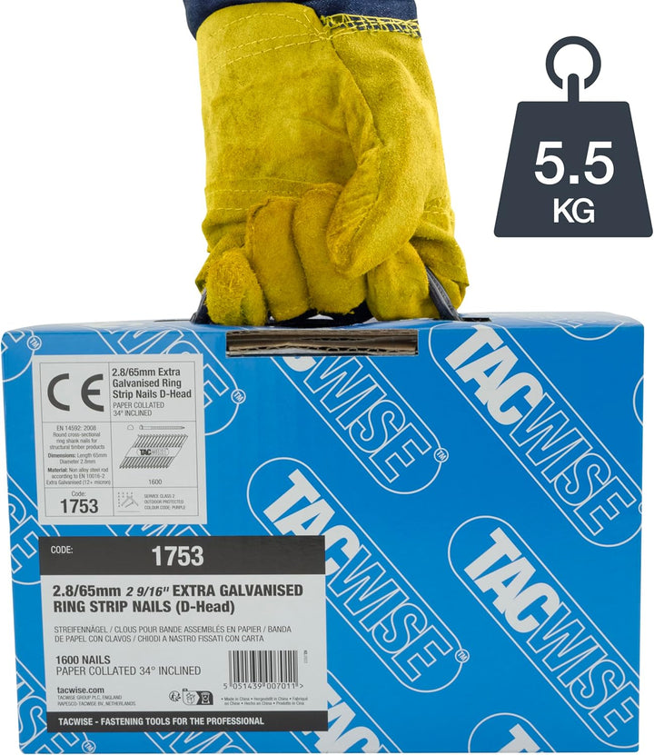 Tacwise 1753 Extra Verzinkte Rahmennägel 2,8/65 mm, D‘-Kopf, Ringschaft, mit 34° Neigung, Papiergebu