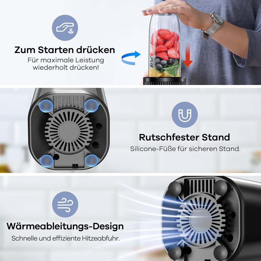 Ganiza Smoothie Maker, 900W Mini Standmixer, Mixer mit 25.000 U/min, 3 Tritan-To-Go-Bechern(300ml&50