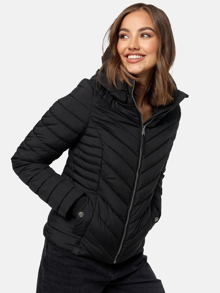 MARIKOO Damen Übergangsjacke leichte Steppjacke kurz mit Abnehmbarer Kapuze Kagomee XS-XXL L Schwarz