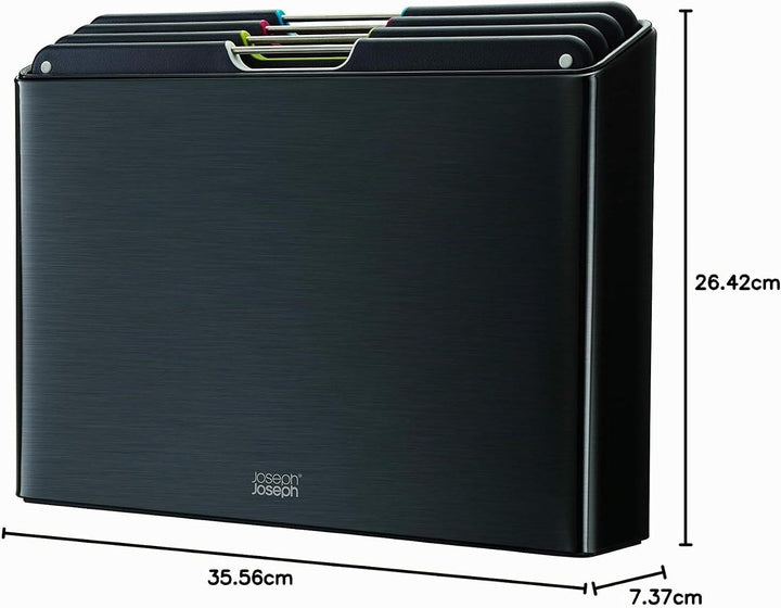 Joseph Joseph Folio Steel 4 Stück Schneidebrett-Set, farbcodierte Anti-Rutsch-Bretter mit Aufbewahru