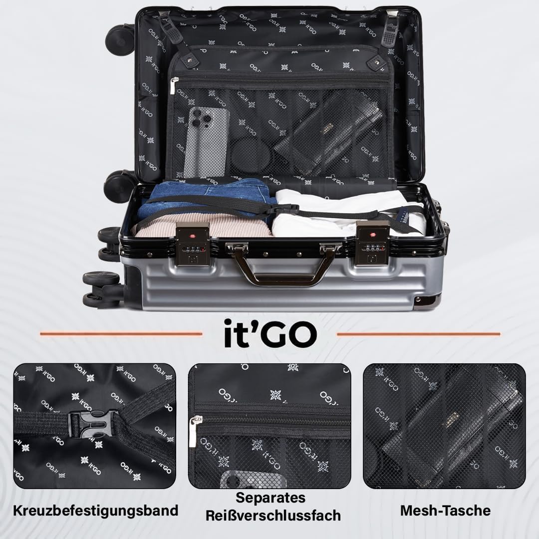 It’Go Aluminiumrahmen-Hartschalenkoffer M – ABS-Gepäck mit Metallecken, TSA-Schloss & 4× 360° Spinne