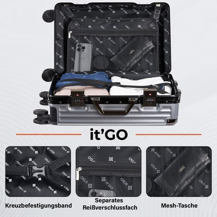 It’Go Aluminiumrahmen-Hartschalenkoffer M – ABS-Gepäck mit Metallecken, TSA-Schloss & 4× 360° Spinne