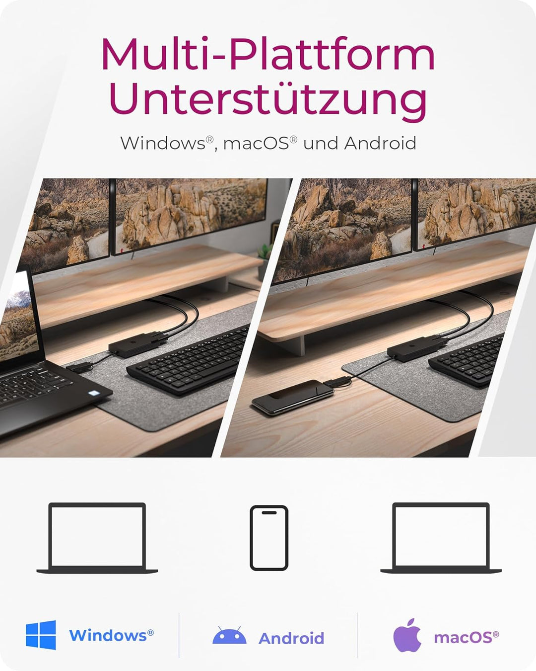 ICY BOX USB zu Dual HDMI Splitter (2K 60Hz / 4K 30Hz), USB-A & USB-C zu 2X HDMI, Unterstützt Windows