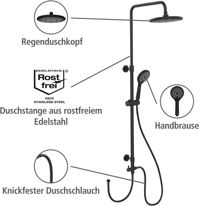 WENKO Duschsystem Watersaving, Duschstange aus Edelstahl mit wassersparendem Regenduschkopf und Hand