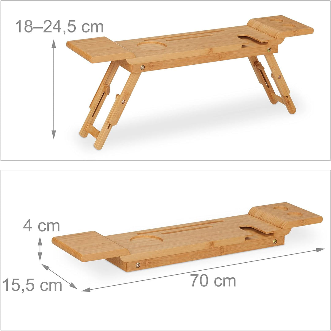 Relaxdays Badewannenablage Bambus, 70cm breit, Badetablett für Glas, Handy, Tablet, Badewannenbrett