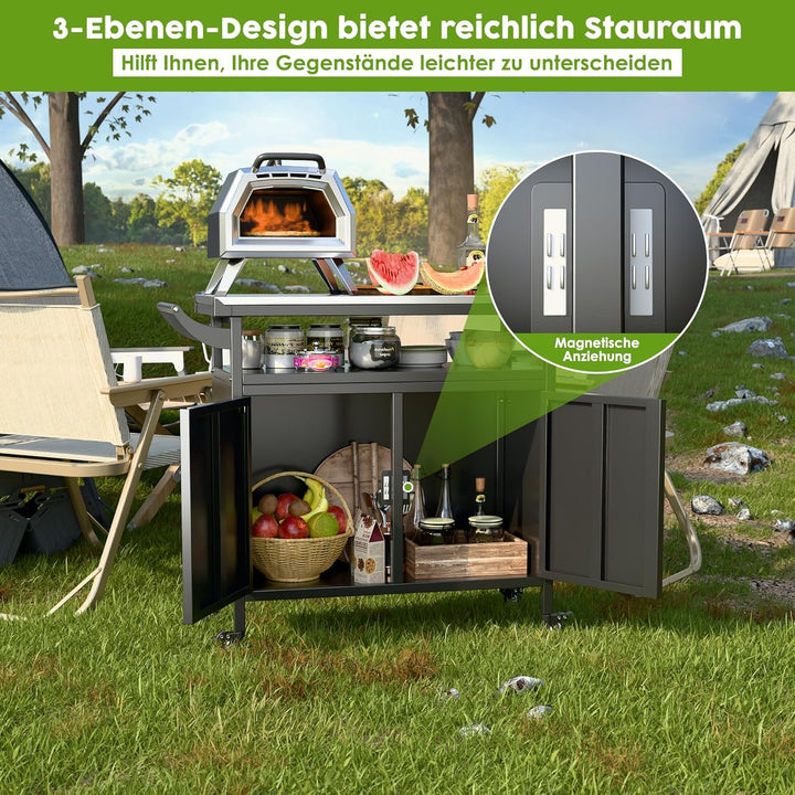 Grillwagen Grilltisch, Pizzatisch mit 4 Rollen,304 Tischplatte aus Edelstahl,Rollwagen zum Grillen,