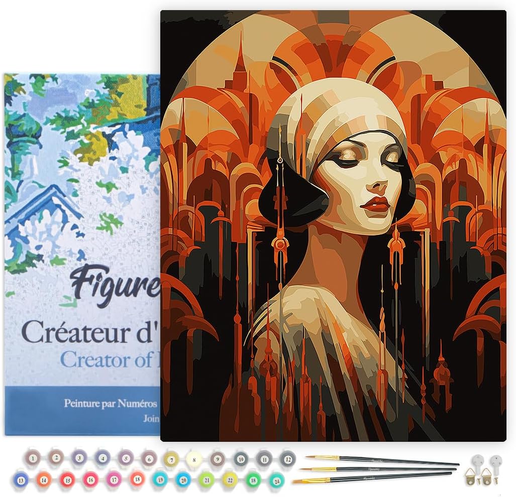 Figured'Art Malen Nach Zahlen Erwachsene Mit Rahmen Art-Deco-Frau - Paint by Numbers Basteln DIY Bas