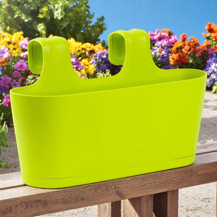 3X Blumenkasten oval Balkon Übertopf Pflanzkasten Blumentopf zum Hängen mit Wasserspeicher Farbe grü