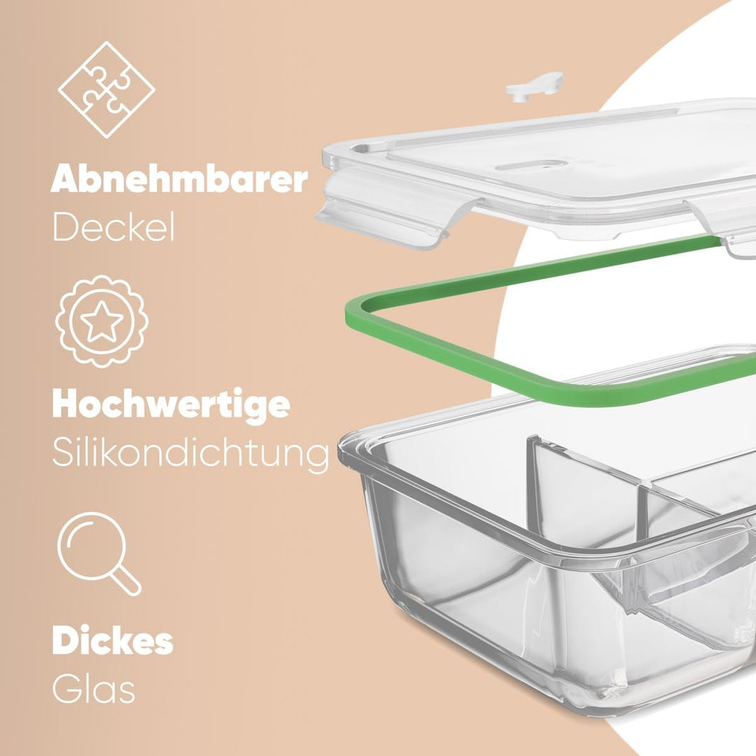 Meal Prep Boxen Glas mit Fächern | 3er Set | Glasbehälter mit Deckel | geeignet für Spülmaschine, Mi