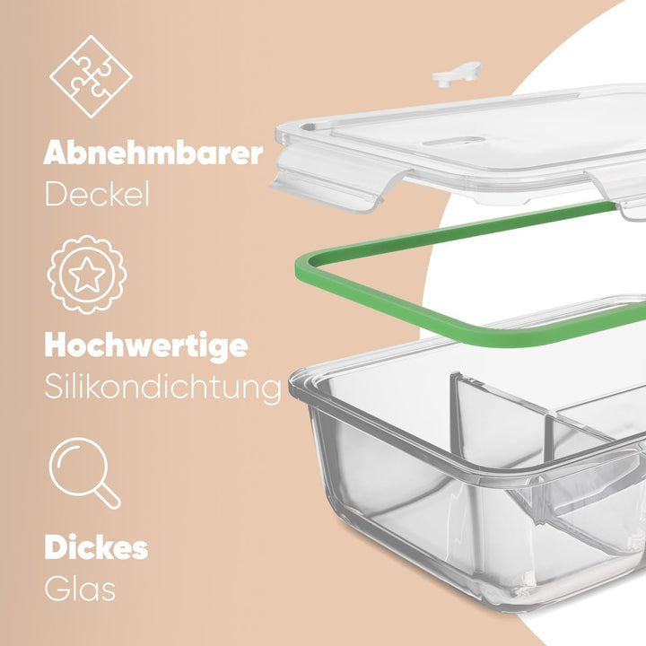 Meal Prep Boxen Glas mit Fächern | 3er Set | Glasbehälter mit Deckel | geeignet für Spülmaschine, Mi