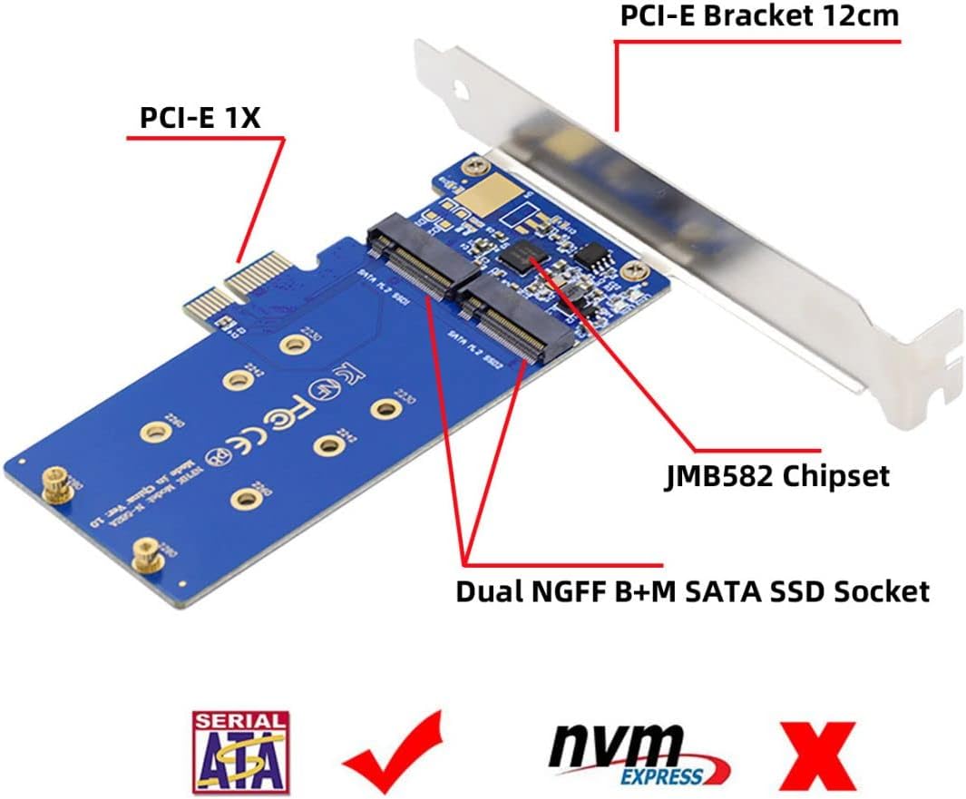 chenyang SATA SSD auf PCI-E x1 Adapter,Dual SATA NGFF Key B+M SSD auf PCI-E x1 Motherboard Adapter J