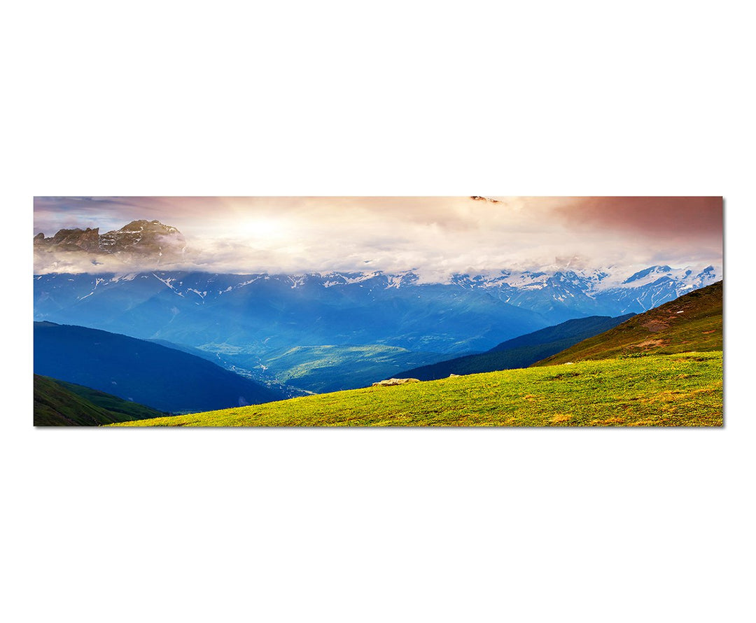 Paul Sinus Art Panoramabild auf Leinwand und Keilrahmen 150x50cm Georgien Kaukasus Berge Schnee Wolk