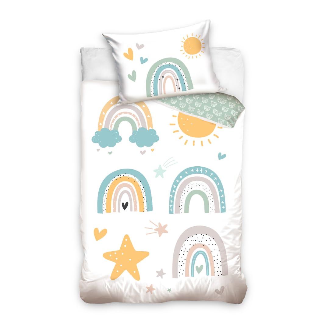 Kinderbettwäsche 100x135 aus 100% Baumwolle - Bettwäsche für Kinder & Baby Regenbogen, Sonne - Fröhl