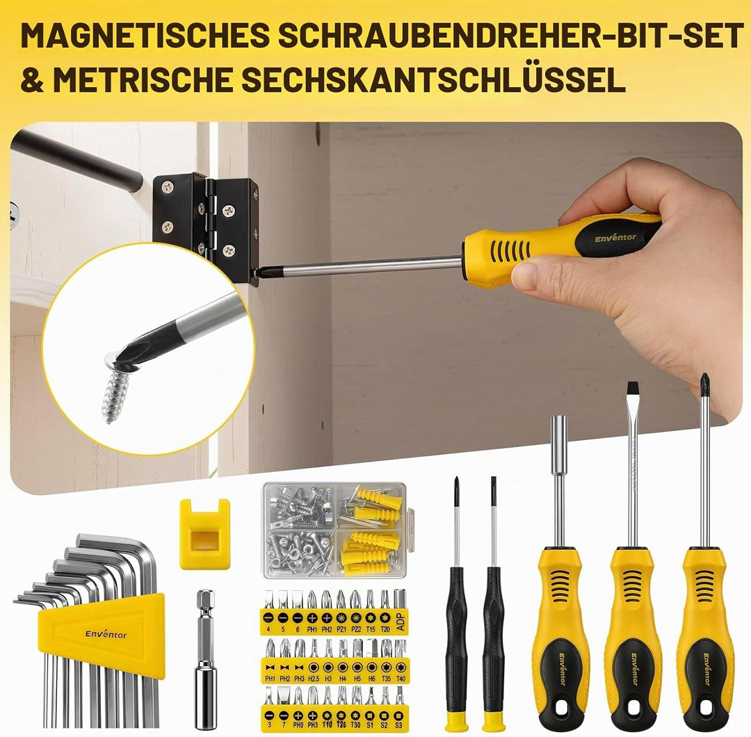Enventor Werkzeugkoffer Gefüllt 231-tlg, Haushaltswerkzeugset mit Ratschenschlüssel, Schraubenschlüs