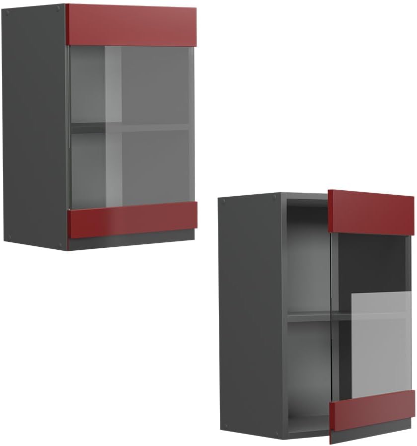 Vicco Küchenschrank Glas R-Line, Rot/Anthrazit, 40 cm J-Shape Rot Hängeglasschrank 40 cm grifflos, R