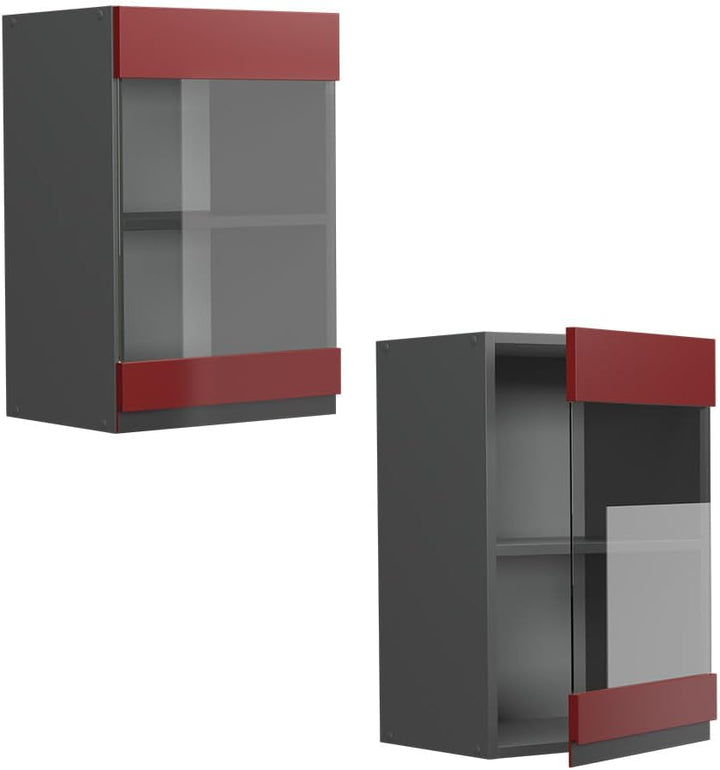 Vicco Küchenschrank Glas R-Line, Rot/Anthrazit, 40 cm J-Shape Rot Hängeglasschrank 40 cm grifflos, R