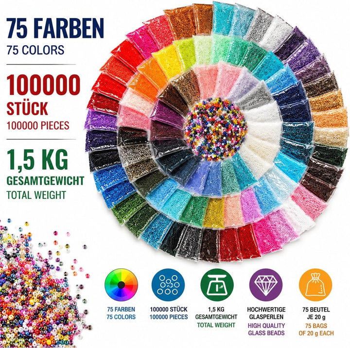 75 Farben Rocailles 2mm Perlen Set 75 Pack 75 Farben 1,5 Kilo Glasperlen Rund 11/0 100000stk POSTEN