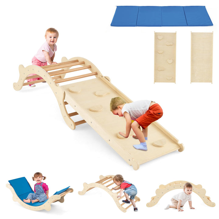 HOMASIS 3-in-1 Kletterbogen mit Rutsche & Wippe, Klettergerüst Indoor mit umkehrbare Rampe & Matte,
