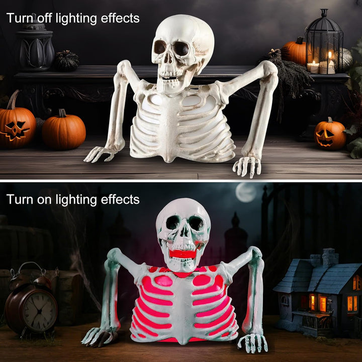 FUFRE Halloween Deko Skelett Mit LED, 23×20X11cm Halloween Skelett Mit Farbenfrohe Licht, Horror Dek