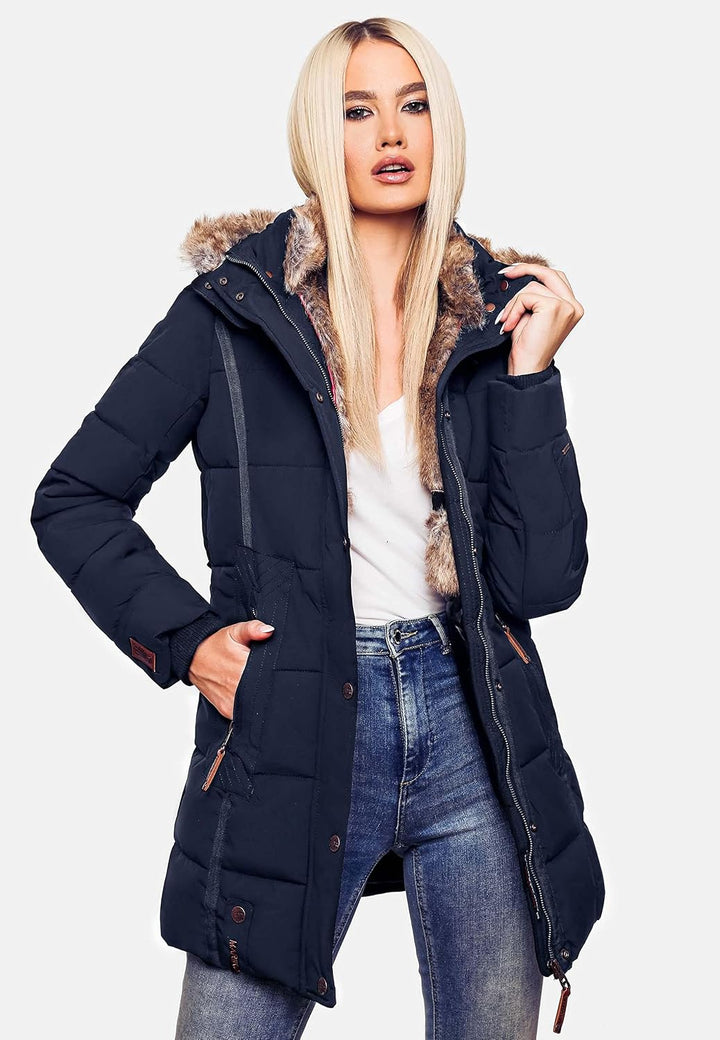 MARIKOO Damen Warmer Winter Steppmantel mit Kapuze Lieblings Jacke XS-XXL M Blau, M Blau
