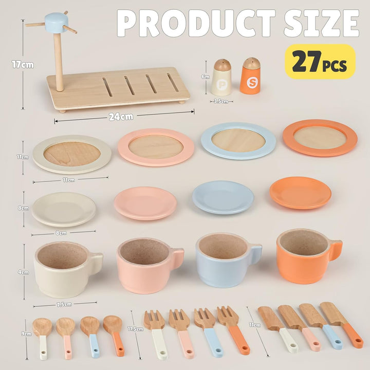 Dreamon Kinderküche Zubehör Teeservice Kinder Holz, 27 PCS Puppengeschirr Kinderküche Spielküche Zub