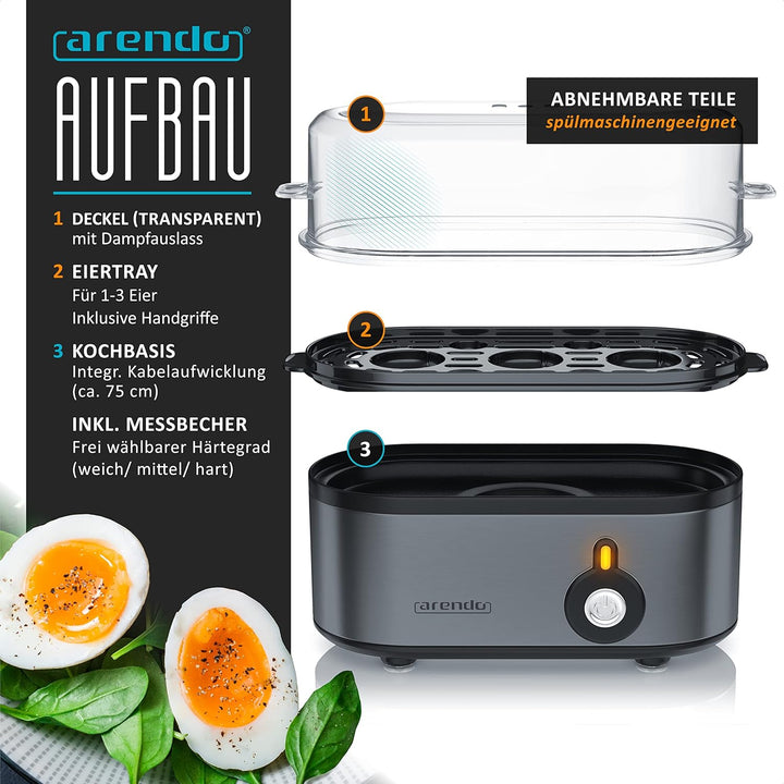 Arendo - Edelstahl Eierkocher Threecook - Egg Cooker - EIN AUS-Schalter - Wählbarer Härtegrad - 210