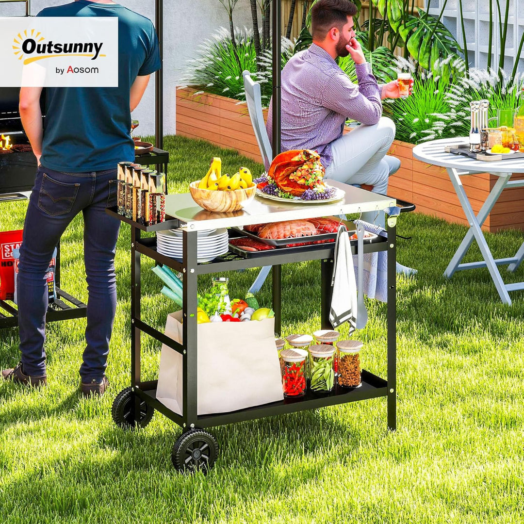Outsunny Grillwagen 3-Etagen Servierwagen mit Arbeitsfläche Griffe Hülle Räder, höhenverstellbar BBQ