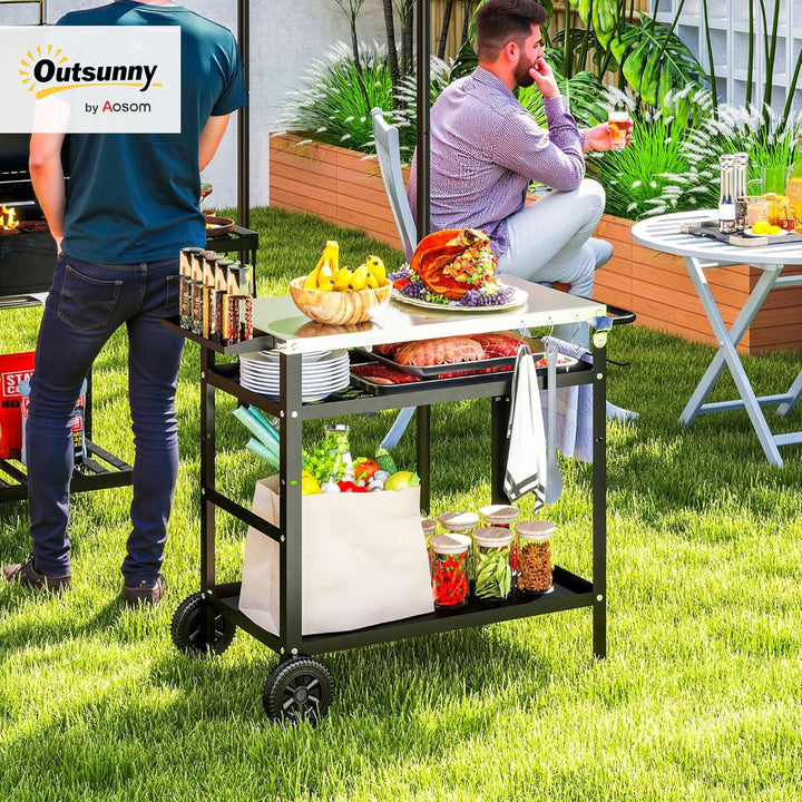 Outsunny Grillwagen 3-Etagen Servierwagen mit Arbeitsfläche Griffe Hülle Räder, höhenverstellbar BBQ