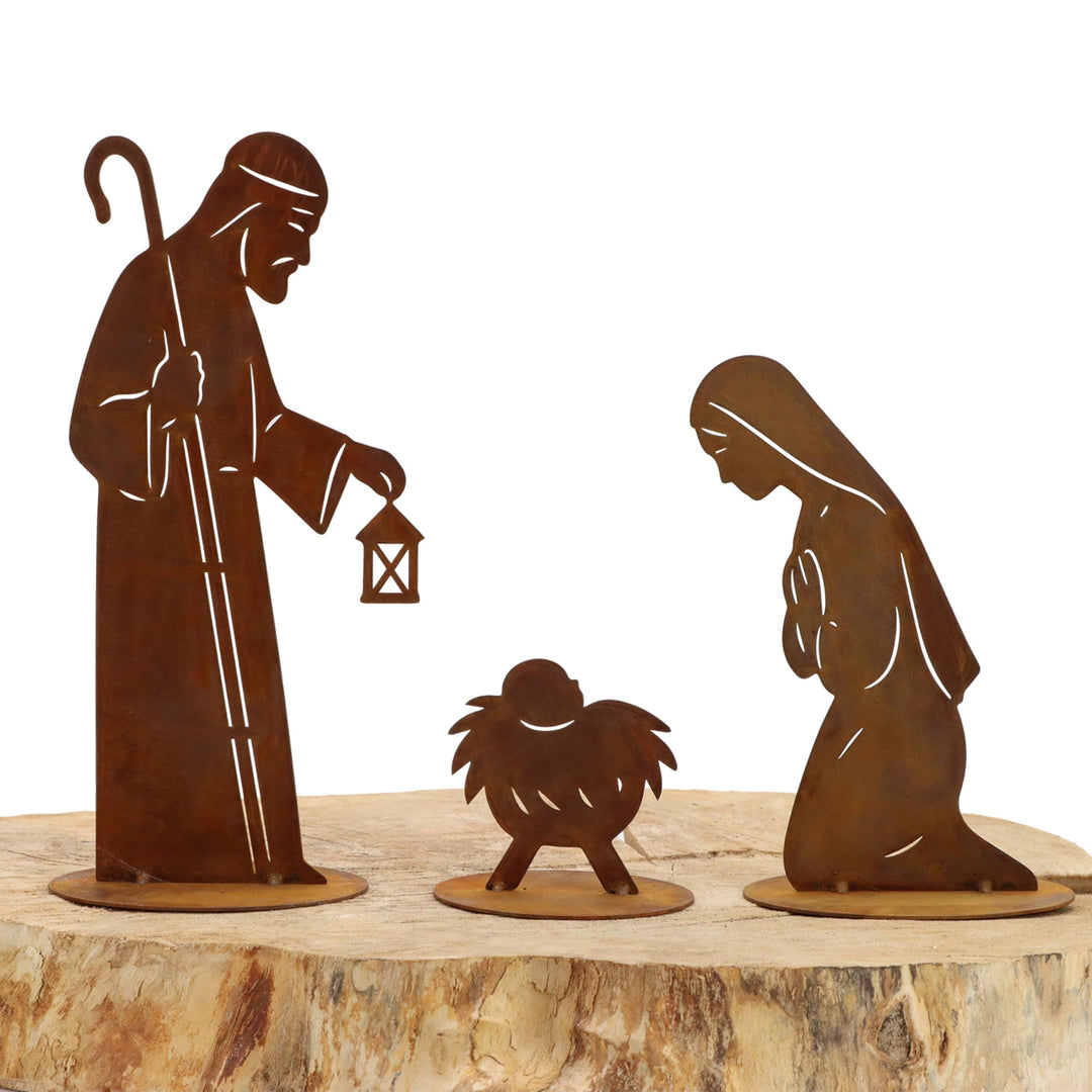 Rostikal Weihnachtskrippe XXL 3-teilig – Edelrost Krippe aus Metall mit Laterne, Maria Josef & Jesus
