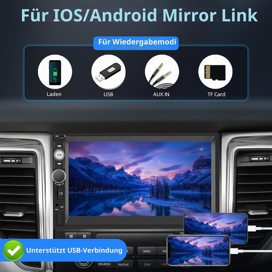 Wireless Carplay Android Auto 2 Din Autoradio, 7" HD Touchscreen Car Stereo MP5 Player, Unterstützun