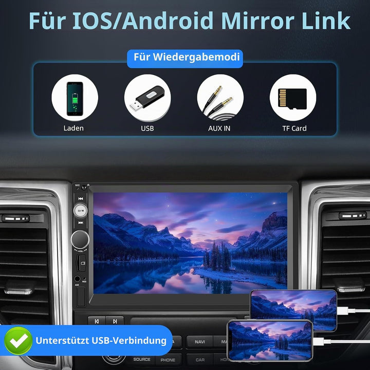 Wireless Carplay Android Auto 2 Din Autoradio, 7" HD Touchscreen Car Stereo MP5 Player, Unterstützun