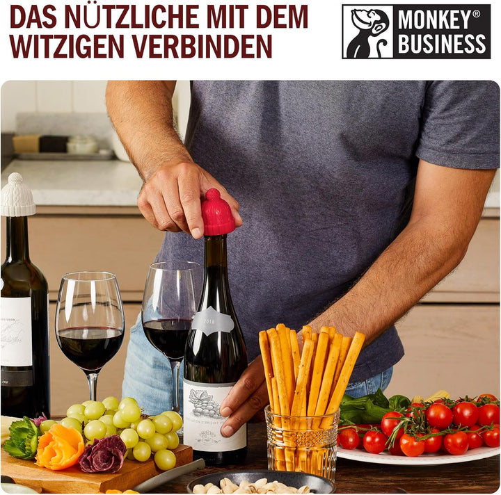 Monkey Business Set aus 2 Weinstopfen für Weinflaschen, Skurriles Weinzubehör, Strickmützen-förmige