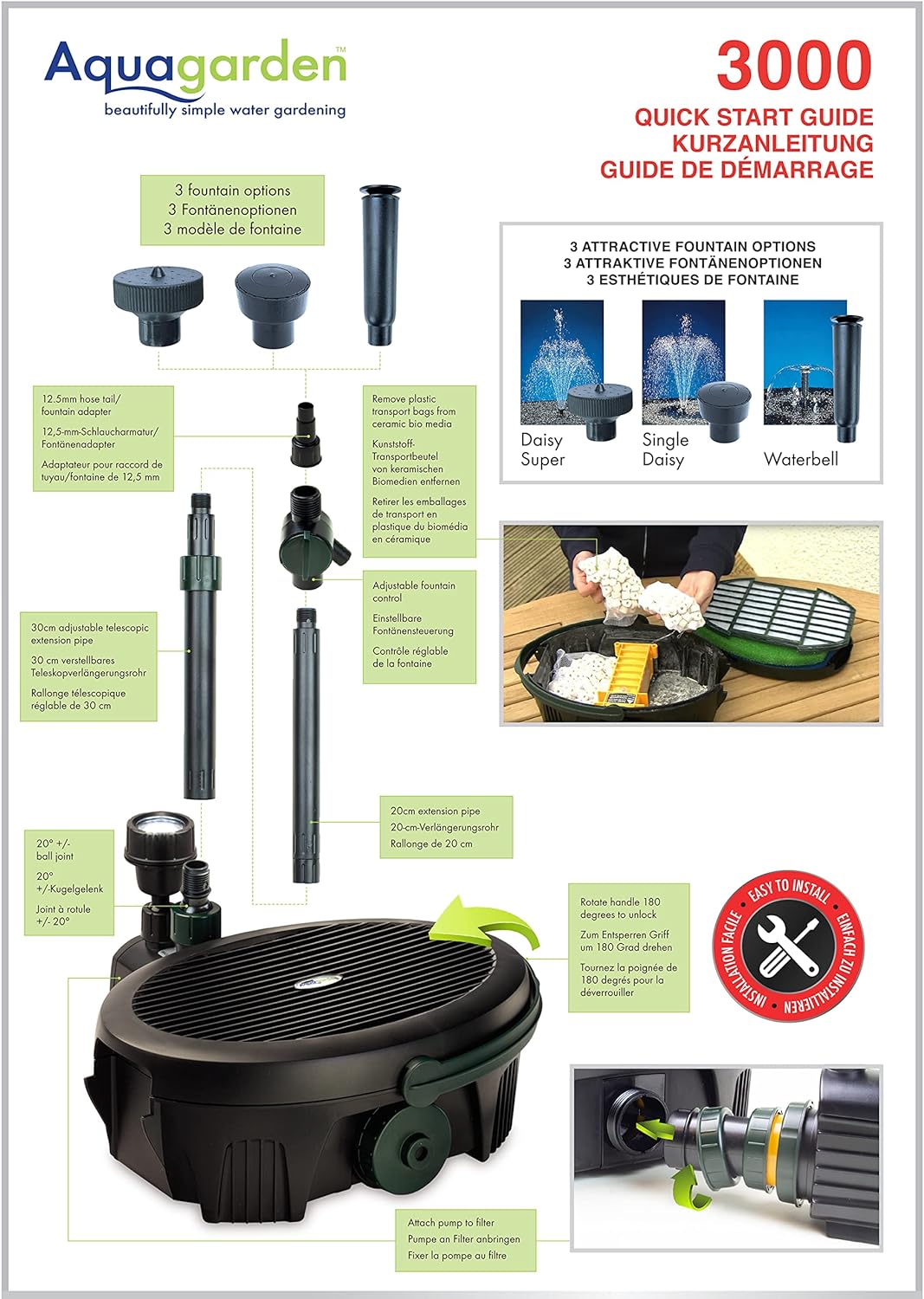 Aquagarden Inpond 3000, Teich- und Wasserpumpe, Filter, UV-Klärer, LED-Strahler und Springbrunnen, K