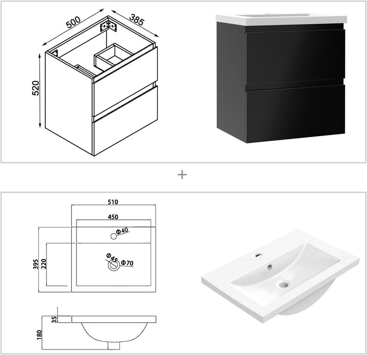 Aica Sanitär Waschtisch mit Unterschrank 50cm Alast Badmöbel Set Hochglanz Schwarz Waschbecken mit U