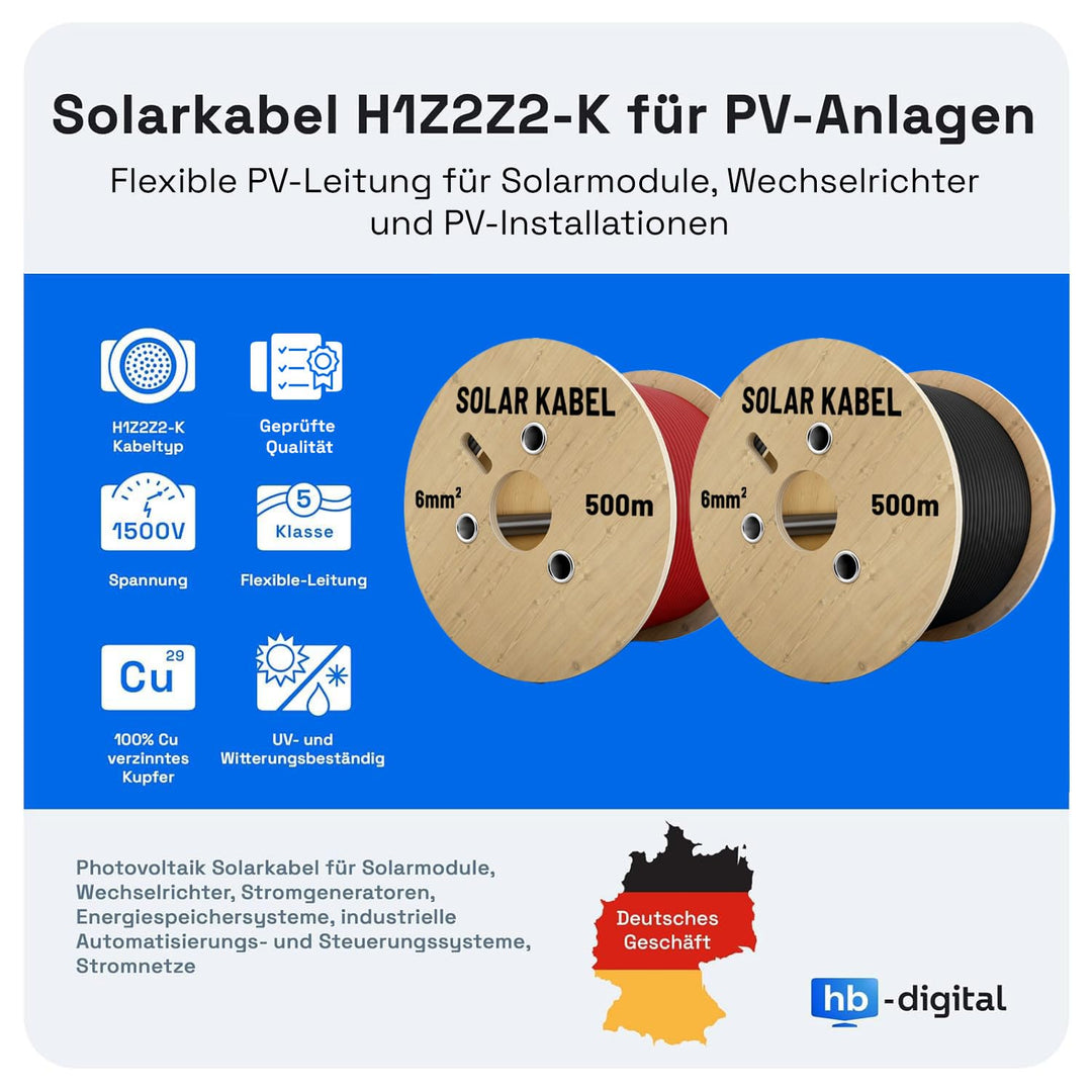 hb-digital 100m Solarkabel H1Z2Z2-K TÜV Rheinland geprüft 6mm2 UV-beständig flexibel PV Kabel Reines