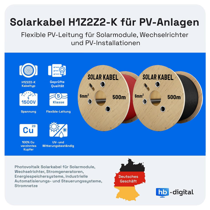 hb-digital 100m Solarkabel H1Z2Z2-K TÜV Rheinland geprüft 6mm2 UV-beständig flexibel PV Kabel Reines