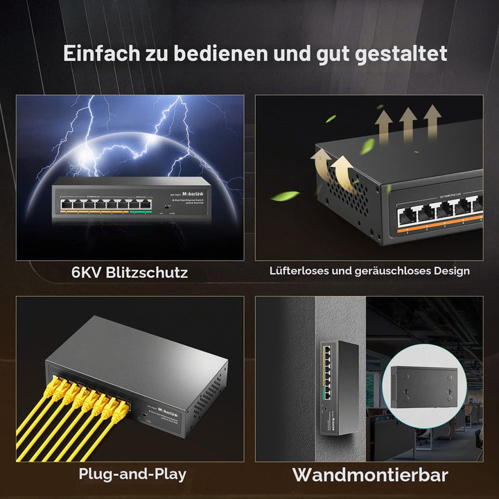 MokerLink 8 Port PoE Switch mit 6 PoE+ Port, 2 Uplink, 100Mbps, IEEE802.3af/at 78W AI Erkennung, Lüf
