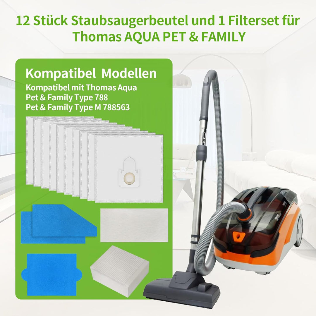 12 Stück Staubsaugerbeutel und Filterset für Thomas AQUA PET & FAMILY