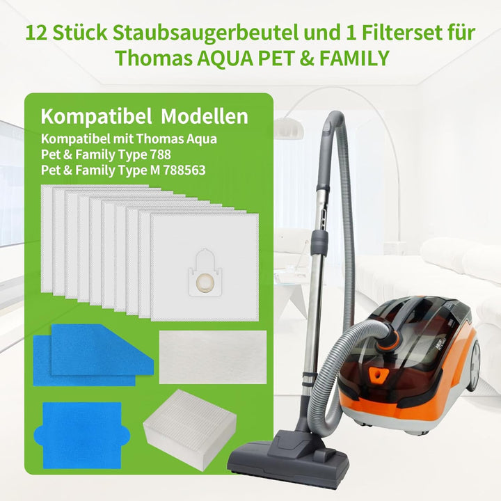 12 Stück Staubsaugerbeutel und Filterset für Thomas AQUA PET & FAMILY