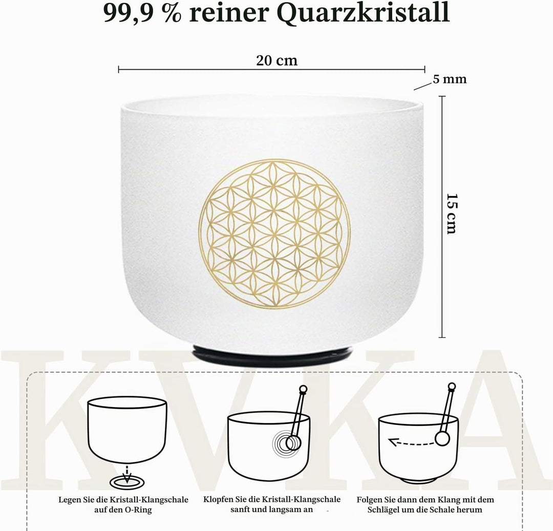 KVKA 20cm Klangschalen, 528Hz C note 8 inch Weiss Flower of Life Chakra Klangschale für Yoga Meditat