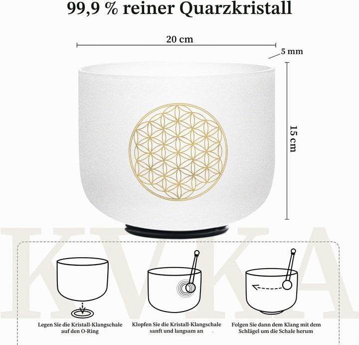 KVKA 20cm Klangschalen, 528Hz C note 8 inch Weiss Flower of Life Chakra Klangschale für Yoga Meditat