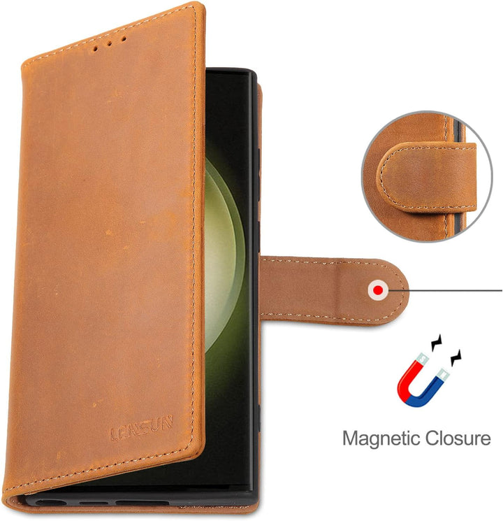 LENSUN Echtleder Hülle für Samsung Galaxy S23 Ultra, Handyhülle [Echtes Leder] [Magnetverschluss] [R